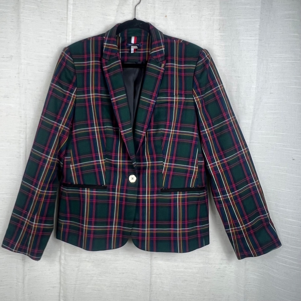 Tommy Hilfiger Green Plaid Single Button Blazer Elbow Patches Women's Sz 14
